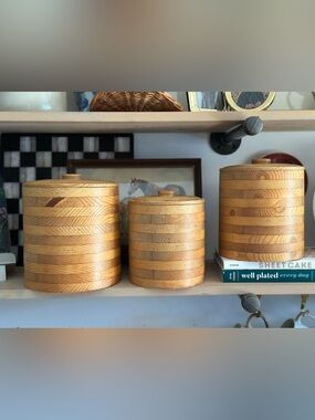 Vintage Wood Canisters Set of 3, Cottagecore Kitchen Storage